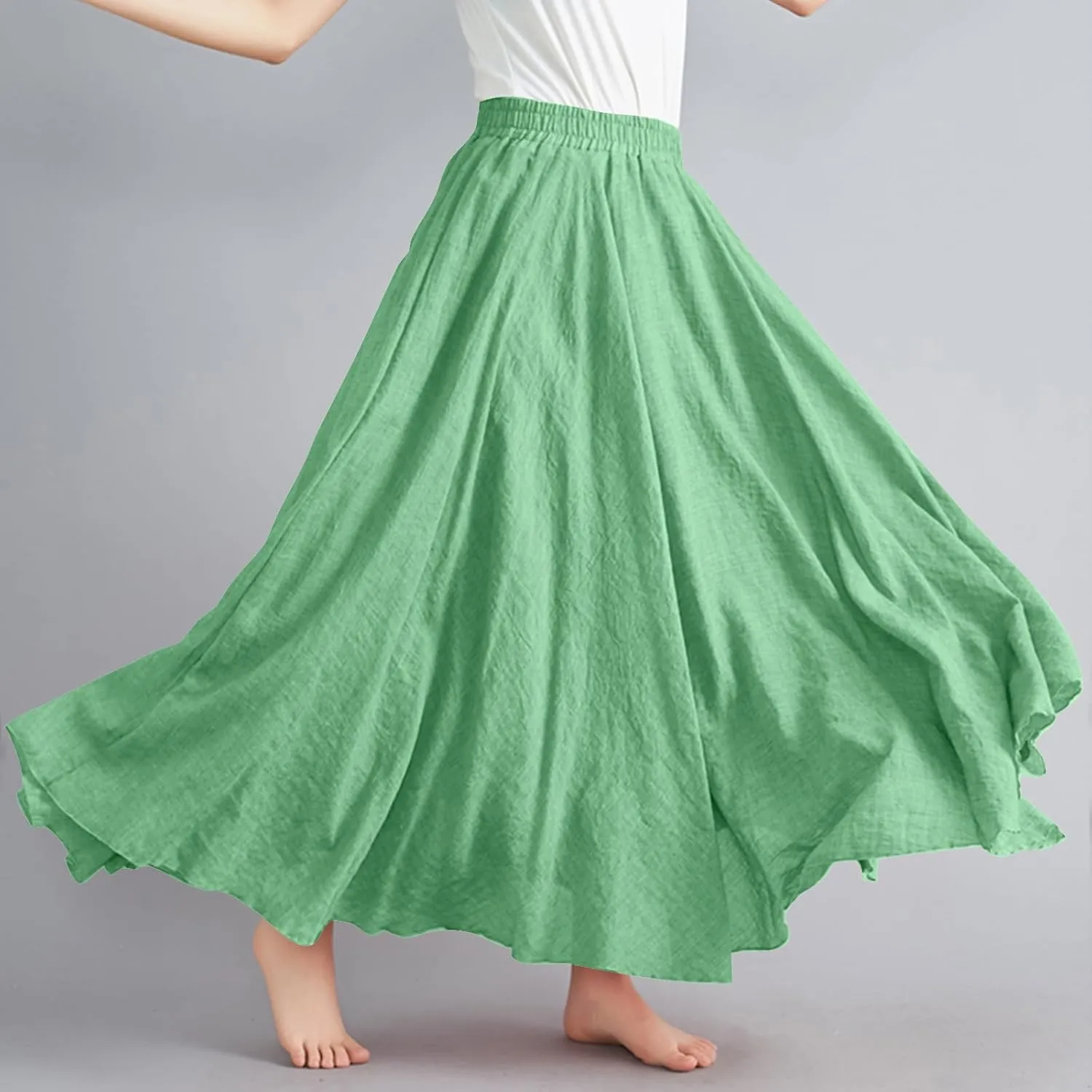 Womens Linen Maxi Skirts Summer Boho Solid Beach Elastic High Waist Pleated A-Line Flowy Swing Long Maxi Skirts