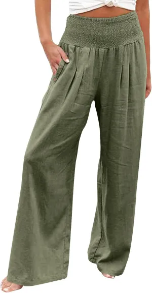 Women's Linen Palazzo Pants 2025 Summer Boho Wide Leg High Waist Casual Loose Lounge Athletic Yoga Pants with Pockets