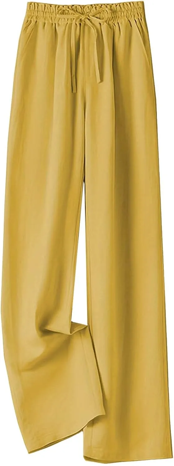 Women's Linen Palazzo Pants Casual Flowy Wide Leg Trouser Beach Ladies Baggy Straight Leg Boho Loungewear with Pocket