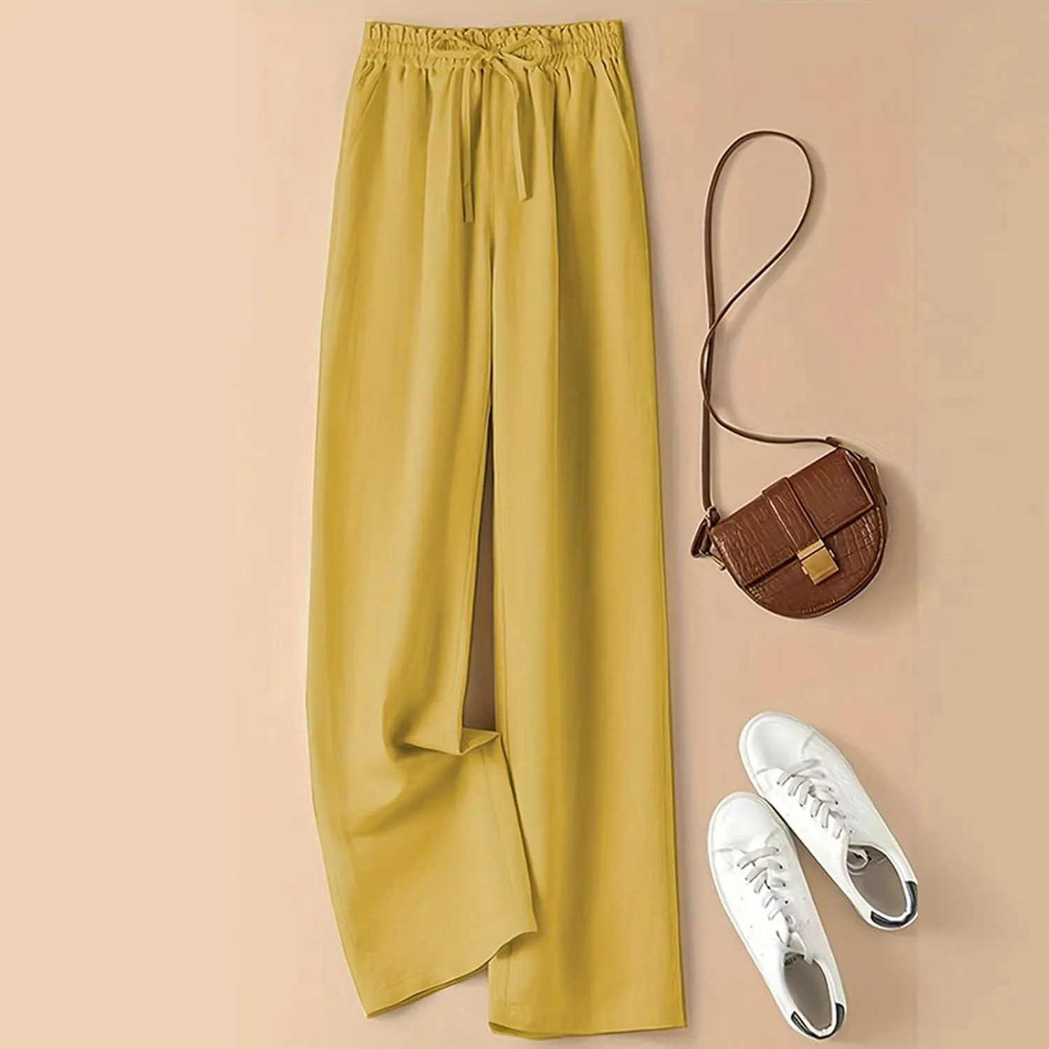 Women's Linen Palazzo Pants Casual Flowy Wide Leg Trouser Beach Ladies Baggy Straight Leg Boho Loungewear with Pocket