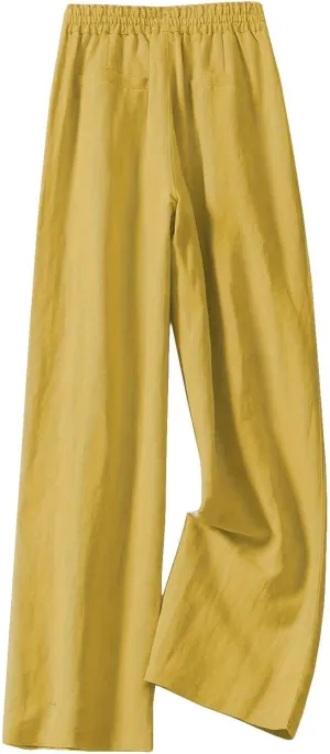 Women's Linen Palazzo Pants Casual Flowy Wide Leg Trouser Beach Ladies Baggy Straight Leg Boho Loungewear with Pocket