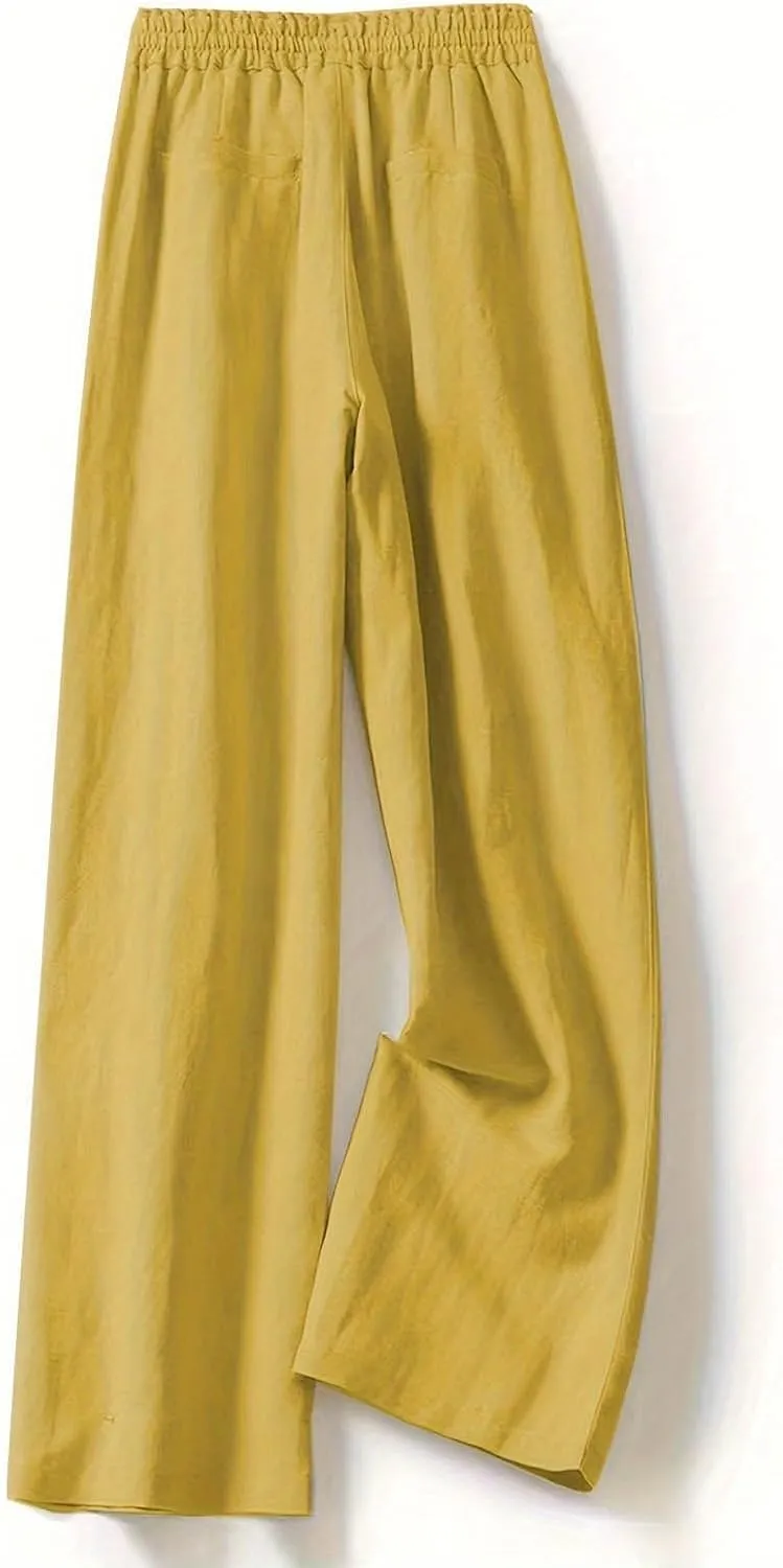 Women's Linen Palazzo Pants Casual Flowy Wide Leg Trouser Beach Ladies Baggy Straight Leg Boho Loungewear with Pocket