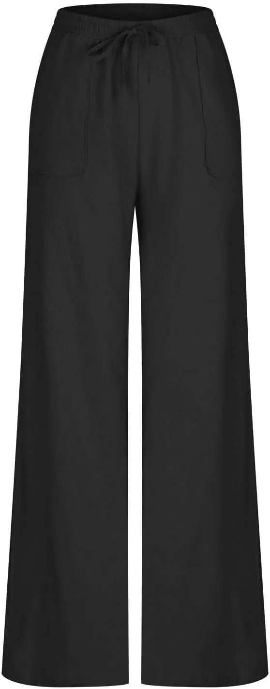 Women's Linen Pants Summer Casual Straight Leg Trousers Drawstring Lightweight Elastic Waist Cotton Pant with Pockets