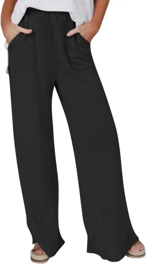Women's Linen Pants Summer Casual Straight Leg Trousers Drawstring Lightweight Elastic Waist Cotton Pant with Pockets