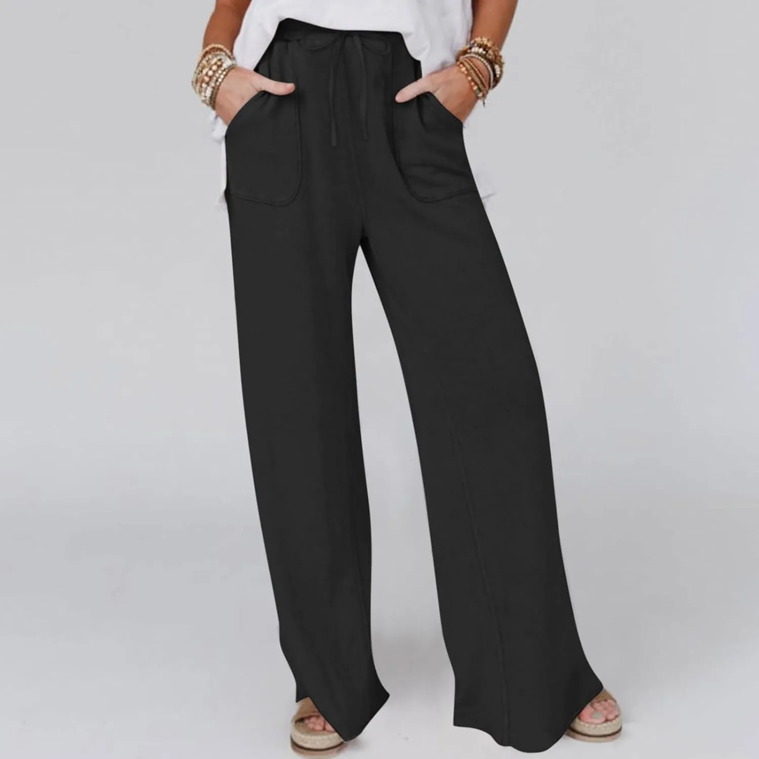 Women's Linen Pants Summer Casual Straight Leg Trousers Drawstring Lightweight Elastic Waist Cotton Pant with Pockets
