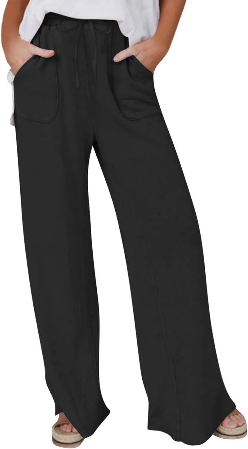 Women's Linen Pants Summer Casual Straight Leg Trousers Drawstring Lightweight Elastic Waist Cotton Pant with Pockets
