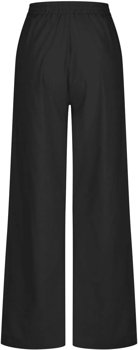Women's Linen Pants Summer Casual Straight Leg Trousers Drawstring Lightweight Elastic Waist Cotton Pant with Pockets