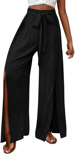 Women's Linen Wide Leg Pants High Waist Casual Long Lounge Adjustable Tie Business Casual Tie Knot Trousers Plus Size