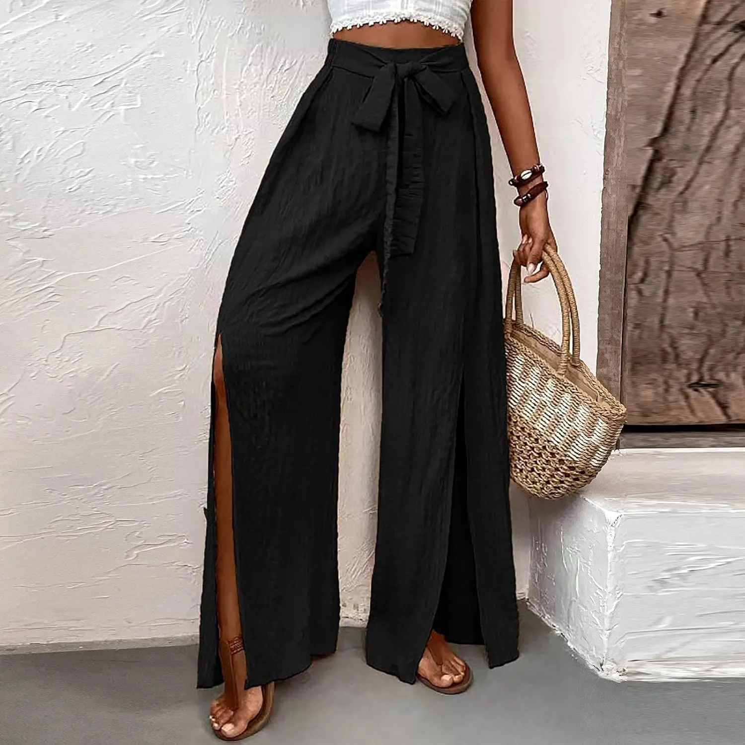Women's Linen Wide Leg Pants High Waist Casual Long Lounge Adjustable Tie Business Casual Tie Knot Trousers Plus Size