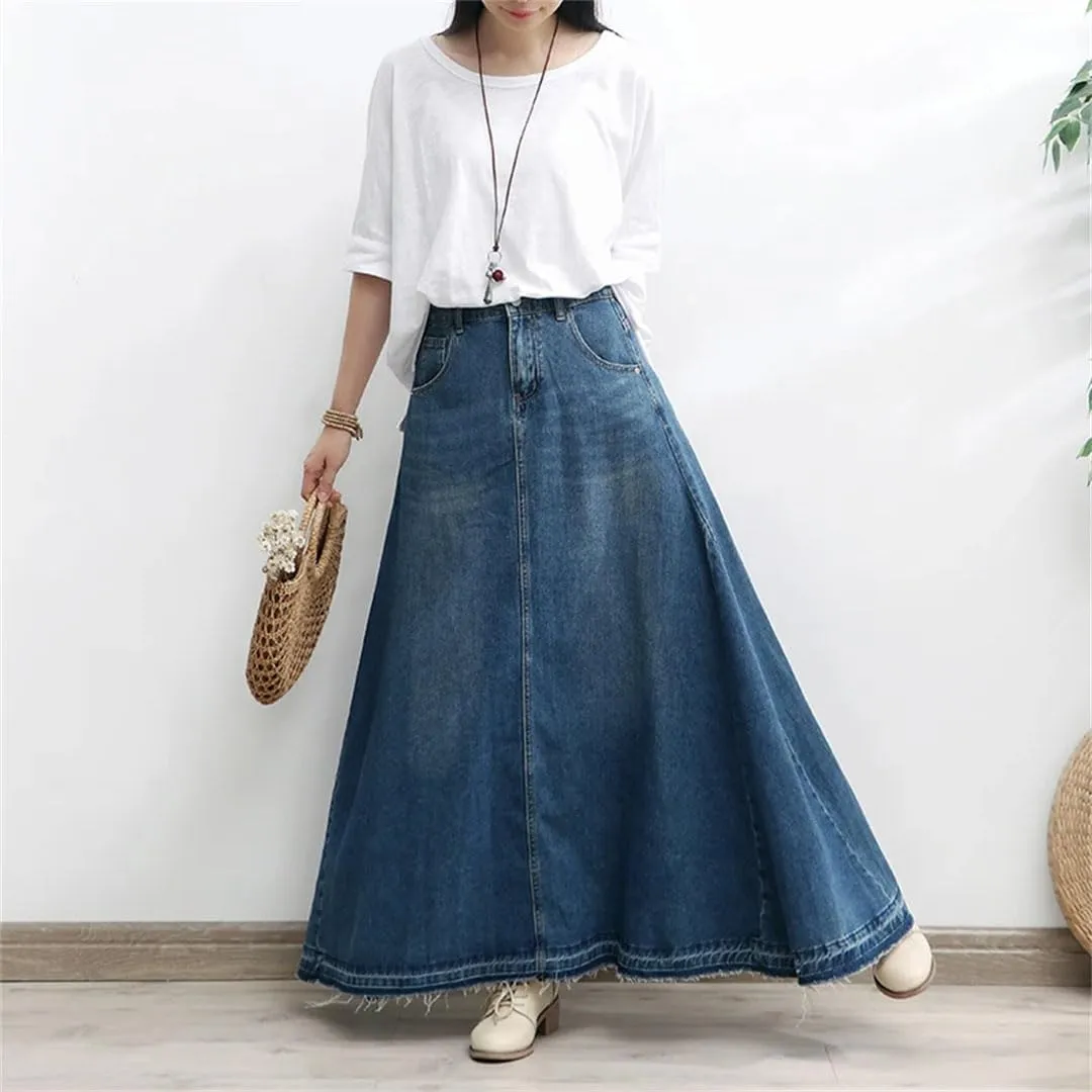 Women's Long Denim A-Line Skirt Elastic Empire Waist Vintage Knit Ankle-Length Casual Jeans Skirt