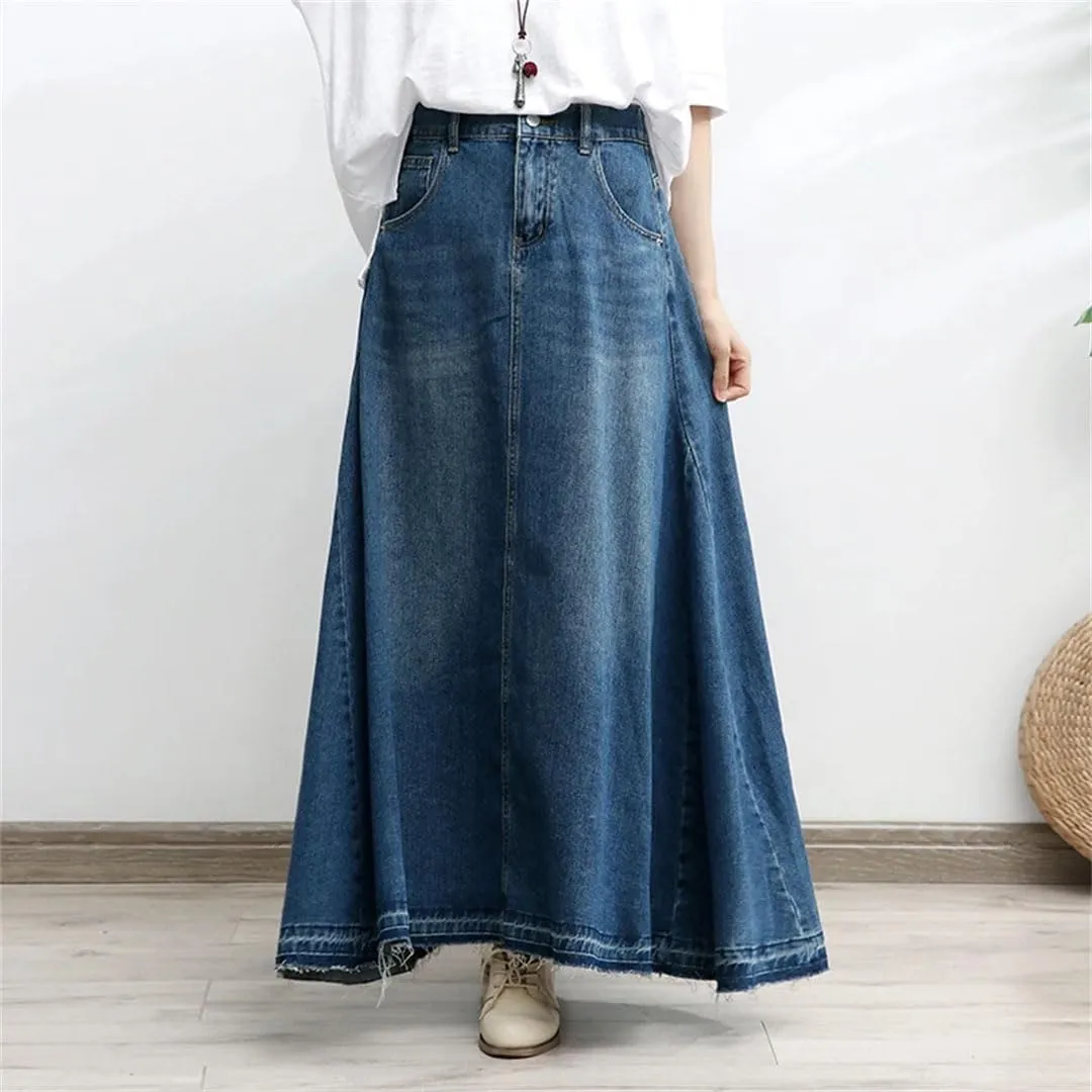 Women's Long Denim A-Line Skirt Elastic Empire Waist Vintage Knit Ankle-Length Casual Jeans Skirt