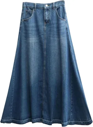 Women's Long Denim A-Line Skirt Elastic Empire Waist Vintage Knit Ankle-Length Casual Jeans Skirt