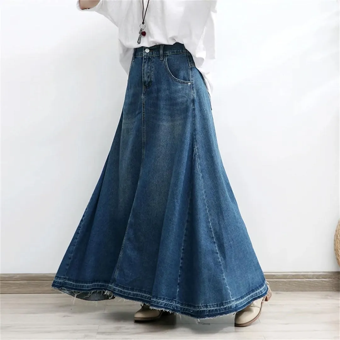 Women's Long Denim A-Line Skirt Elastic Empire Waist Vintage Knit Ankle-Length Casual Jeans Skirt