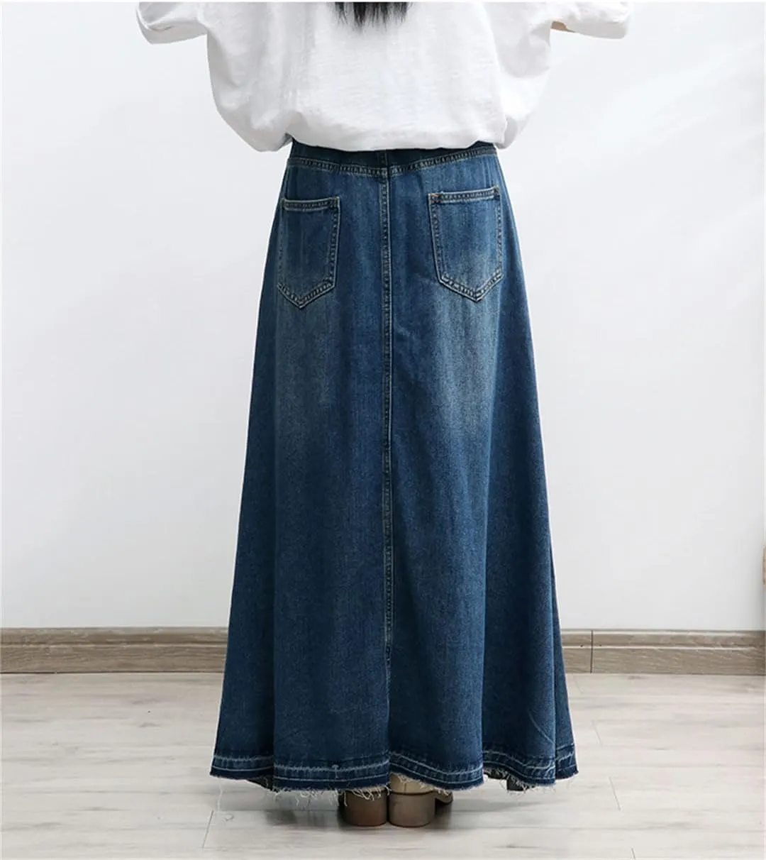 Women's Long Denim A-Line Skirt Elastic Empire Waist Vintage Knit Ankle-Length Casual Jeans Skirt