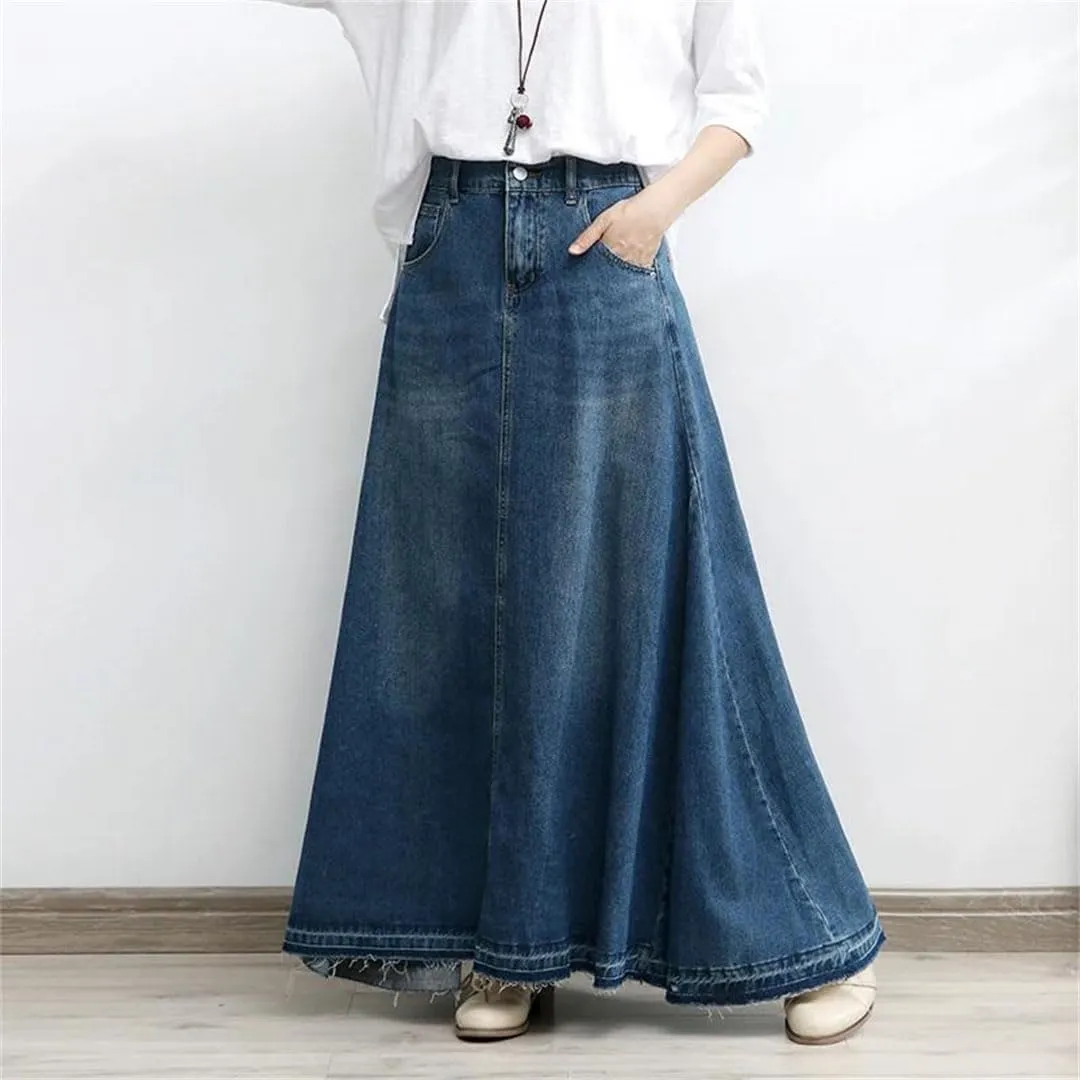 Women's Long Denim A-Line Skirt Elastic Empire Waist Vintage Knit Ankle-Length Casual Jeans Skirt