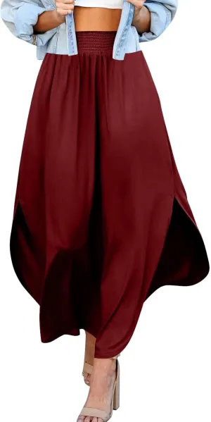 Women's Long Flowy Slit Skirt Elastic High Waisted A Line Maxi Skirts Trendy Beach Boho Skirt with Pockets