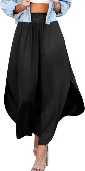 Women's Long Flowy Slit Skirt Elastic High Waisted A Line Maxi Skirts Trendy Beach Boho Skirt with Pockets