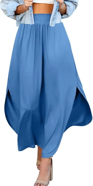 Women's Long Flowy Slit Skirt Elastic High Waisted A Line Maxi Skirts Trendy Beach Boho Skirt with Pockets
