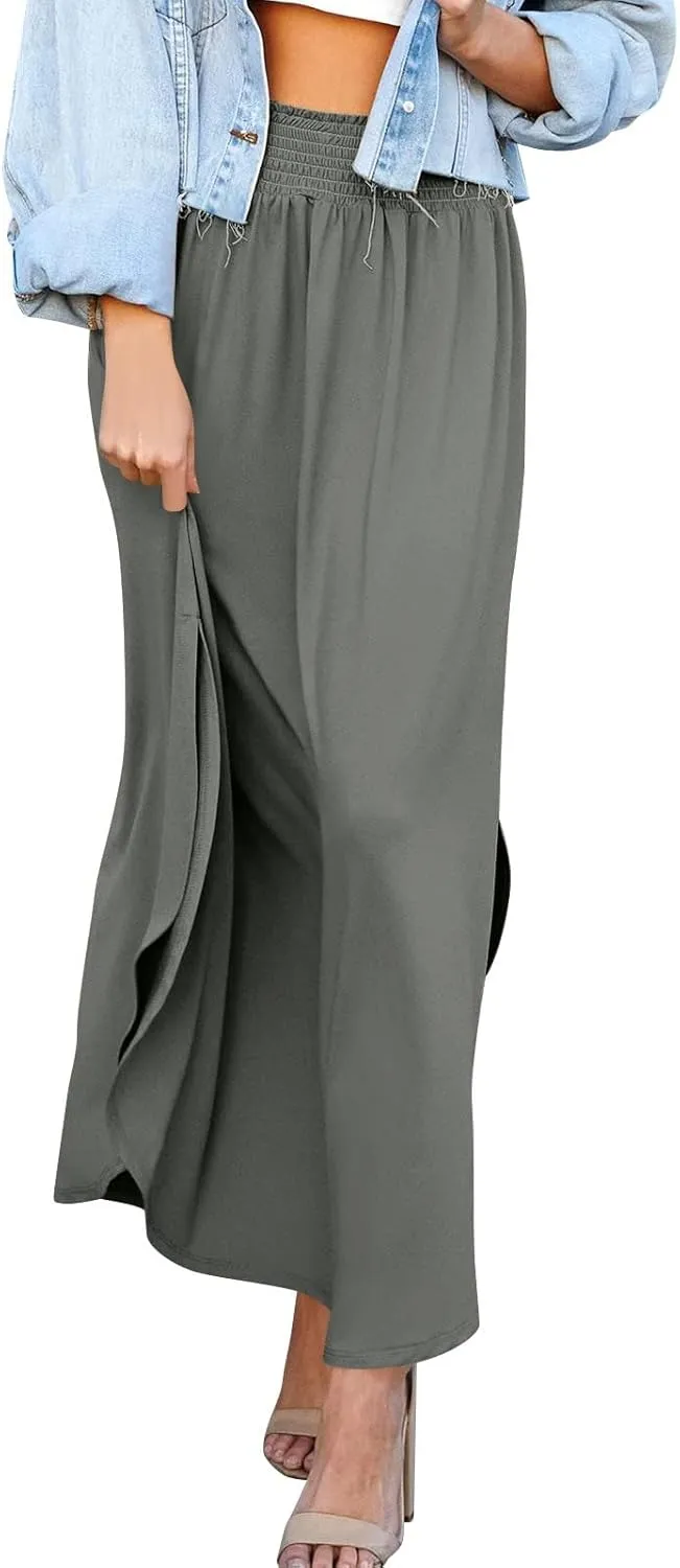 Women's Long Flowy Slit Skirt Elastic High Waisted A Line Maxi Skirts Trendy Beach Boho Skirt with Pockets