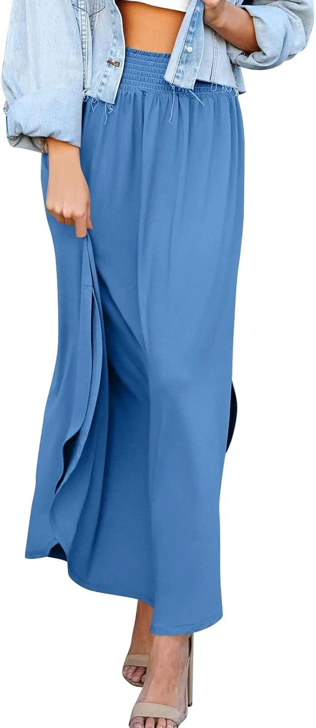 Women's Long Flowy Slit Skirt Elastic High Waisted A Line Maxi Skirts Trendy Beach Boho Skirt with Pockets
