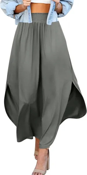 Women's Long Flowy Slit Skirt Elastic High Waisted A Line Maxi Skirts Trendy Beach Boho Skirt with Pockets