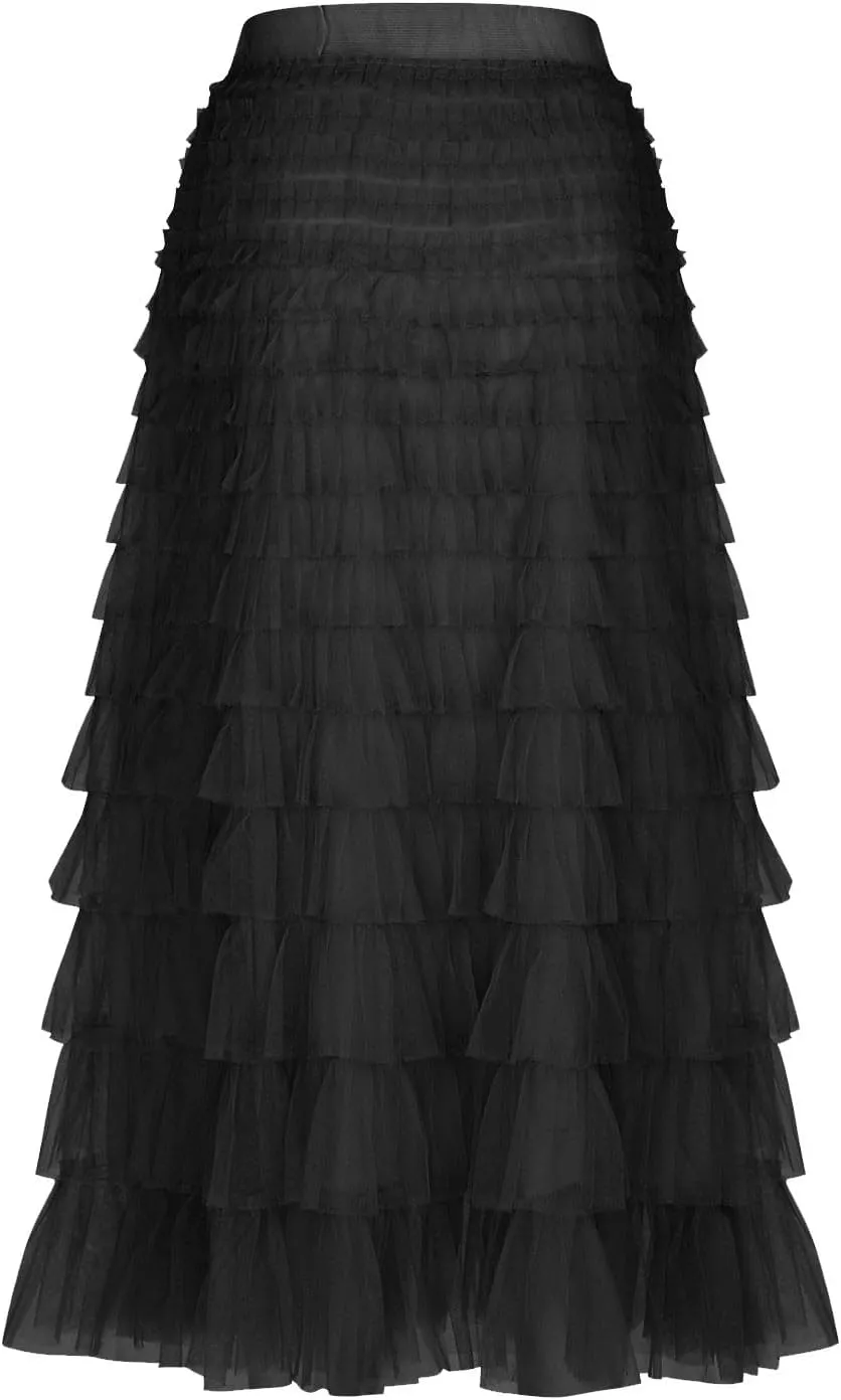 Women's Long Midi Tulle Skirts Dressy Casual A Line Ruffle High Waisted Tiered Layered Mesh Tutu Skirt Petticoat