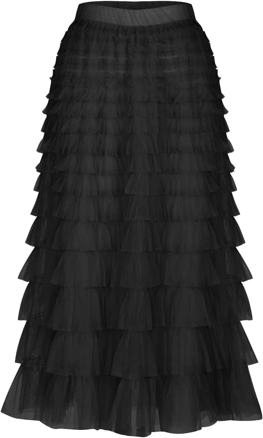 Women's Long Midi Tulle Skirts Dressy Casual A Line Ruffle High Waisted Tiered Layered Mesh Tutu Skirt Petticoat