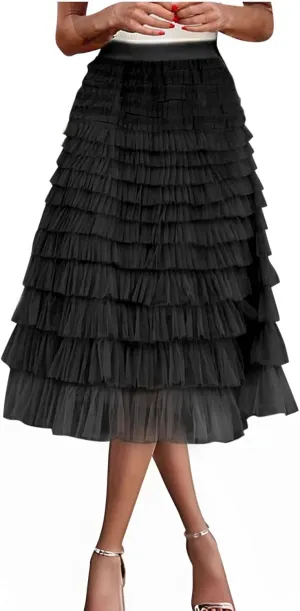 Women's Long Midi Tulle Skirts Dressy Casual A Line Ruffle High Waisted Tiered Layered Mesh Tutu Skirt Petticoat
