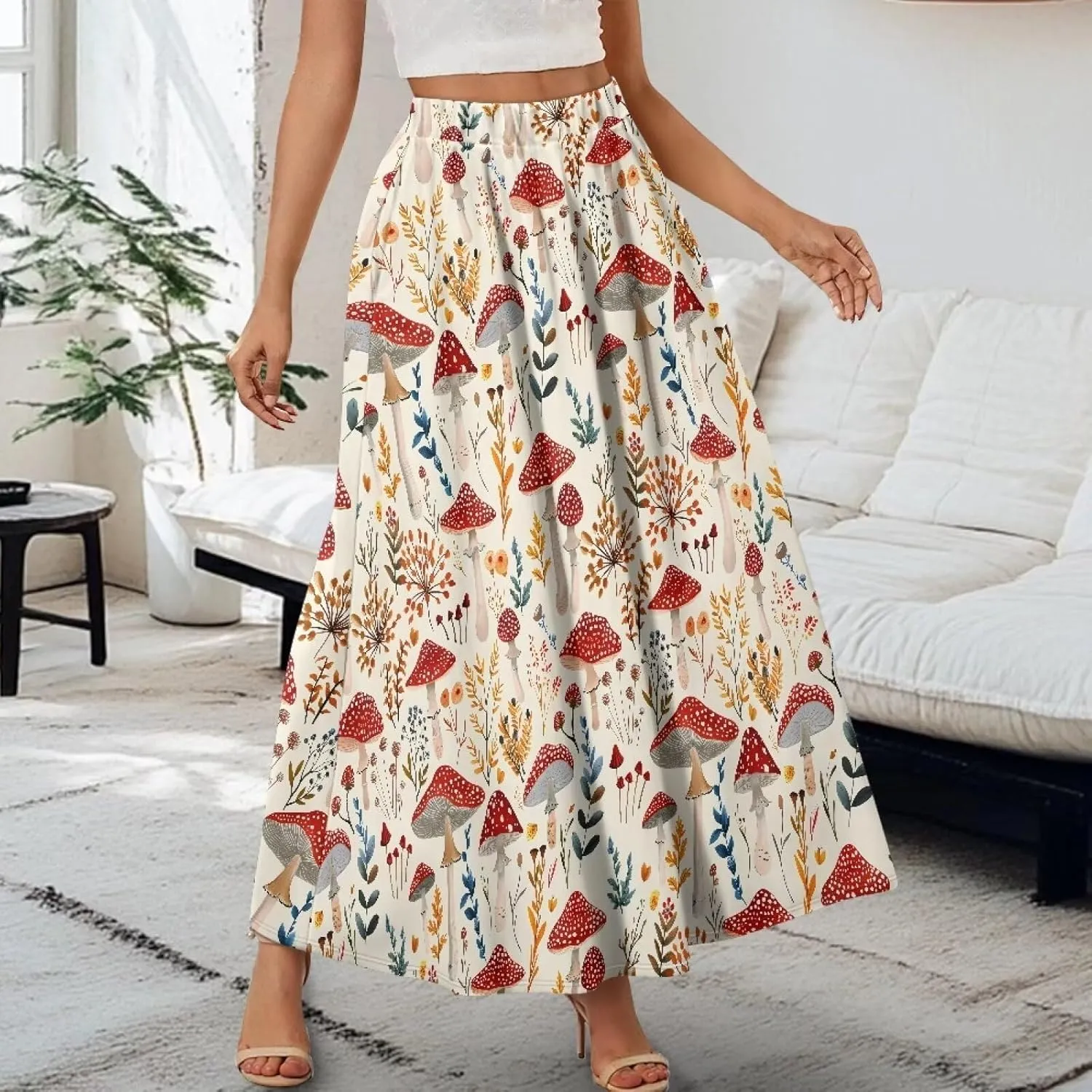 Women's Maxi High Waist Pleated Skirt Casual Long Skirts Ankle Length Flowy Swing Party Skirt with Pockets
