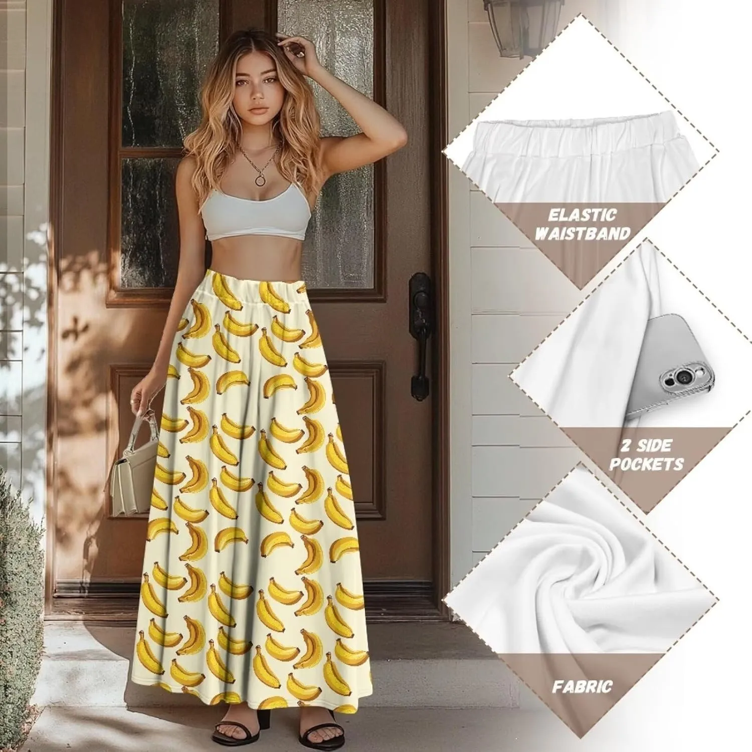 Women's Maxi High Waist Pleated Skirt Casual Long Skirts Ankle Length Flowy Swing Party Skirt with Pockets