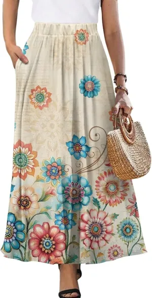 Women's Maxi High Waist Pleated Skirt Casual Long Skirts Ankle Length Flowy Swing Party Skirt with Pockets