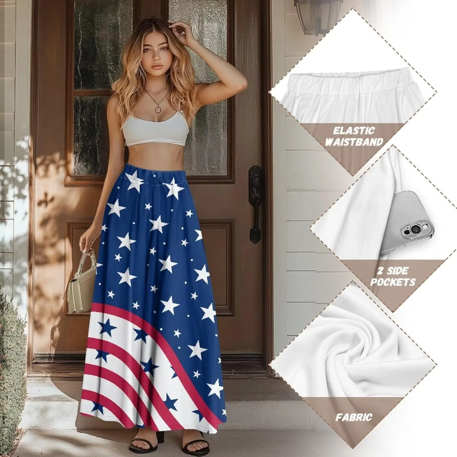 Women's Maxi High Waist Pleated Skirt Casual Long Skirts Ankle Length Flowy Swing Party Skirt with Pockets