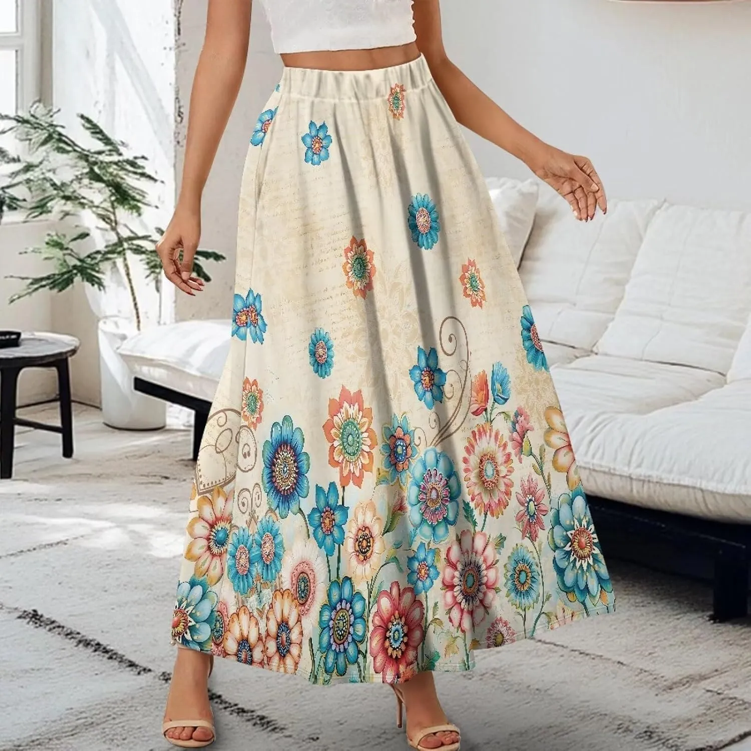 Women's Maxi High Waist Pleated Skirt Casual Long Skirts Ankle Length Flowy Swing Party Skirt with Pockets