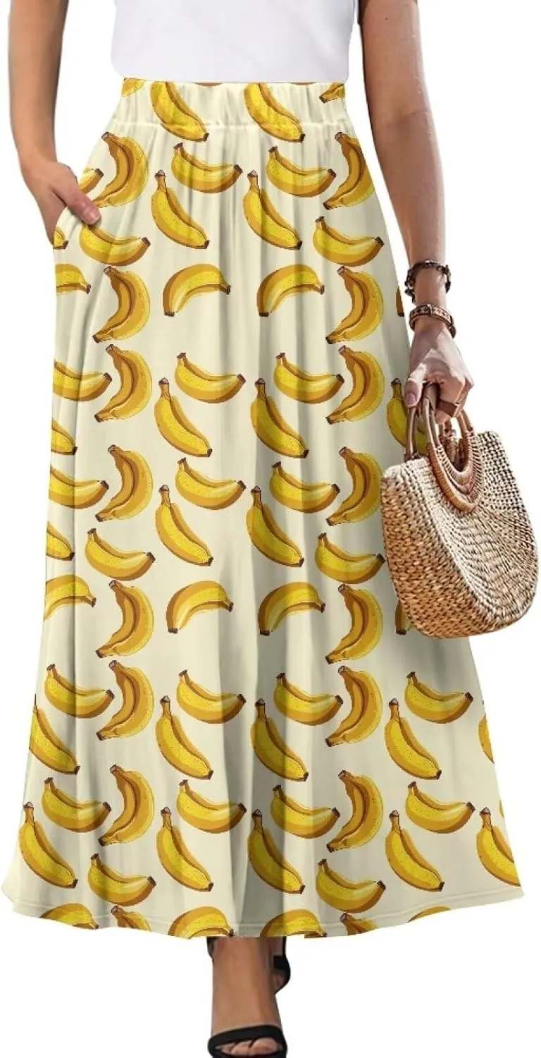 Women's Maxi High Waist Pleated Skirt Casual Long Skirts Ankle Length Flowy Swing Party Skirt with Pockets