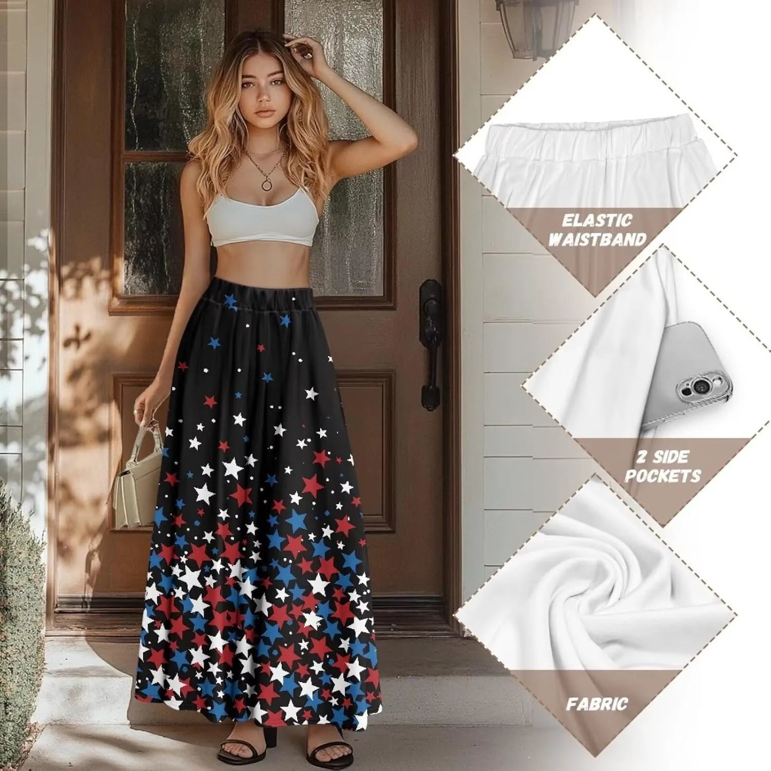 Women's Maxi High Waist Pleated Skirt Casual Long Skirts Ankle Length Flowy Swing Party Skirt with Pockets