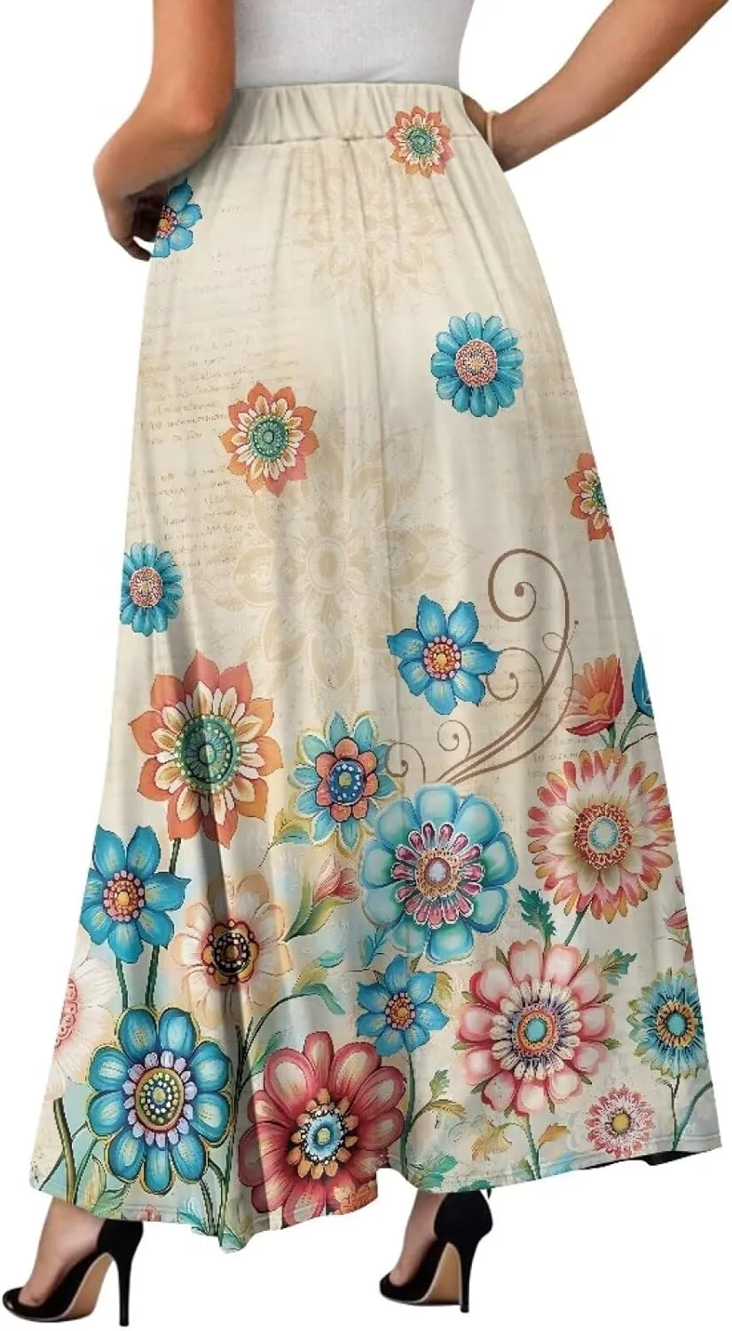 Women's Maxi High Waist Pleated Skirt Casual Long Skirts Ankle Length Flowy Swing Party Skirt with Pockets