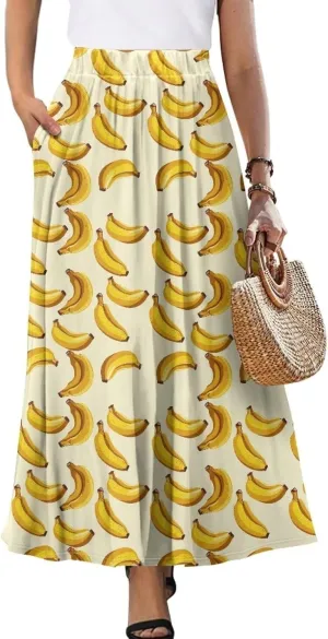 Women's Maxi High Waist Pleated Skirt Casual Long Skirts Ankle Length Flowy Swing Party Skirt with Pockets