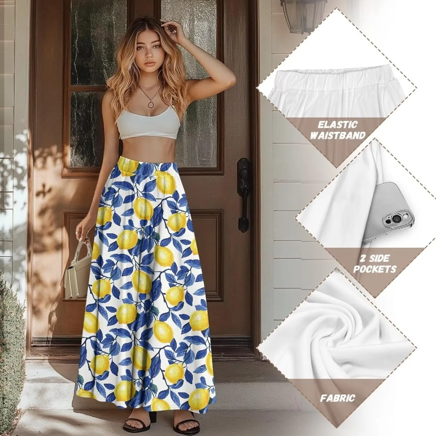 Women's Maxi High Waist Pleated Skirt Casual Long Skirts Ankle Length Flowy Swing Party Skirt with Pockets