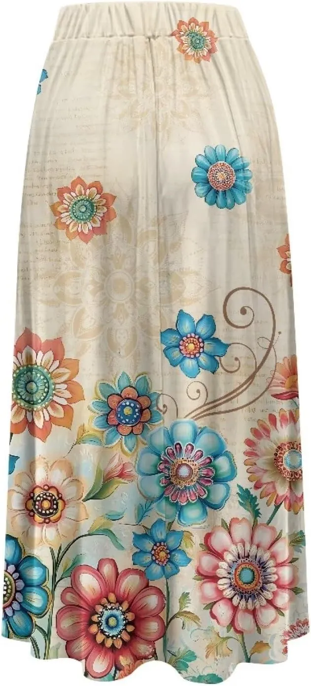 Women's Maxi High Waist Pleated Skirt Casual Long Skirts Ankle Length Flowy Swing Party Skirt with Pockets