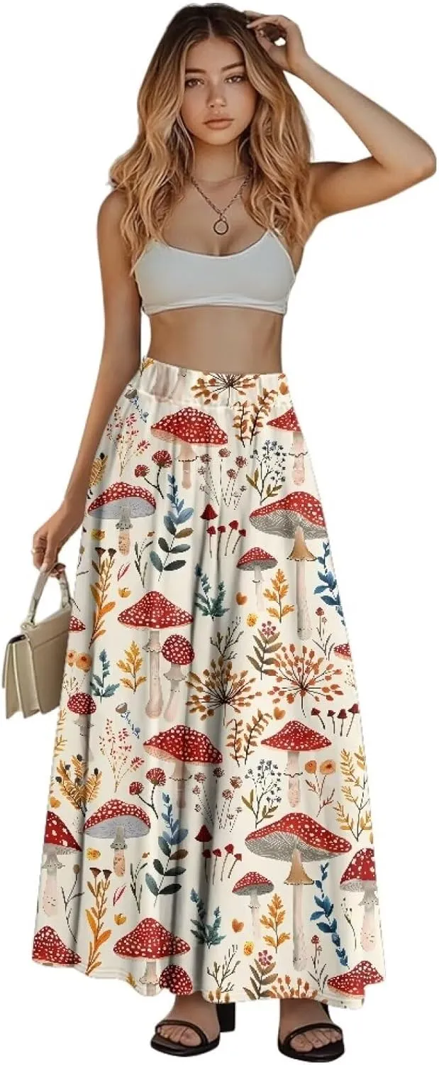 Women's Maxi High Waist Pleated Skirt Casual Long Skirts Ankle Length Flowy Swing Party Skirt with Pockets