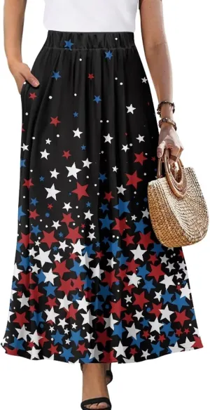 Women's Maxi High Waist Pleated Skirt Casual Long Skirts Ankle Length Flowy Swing Party Skirt with Pockets