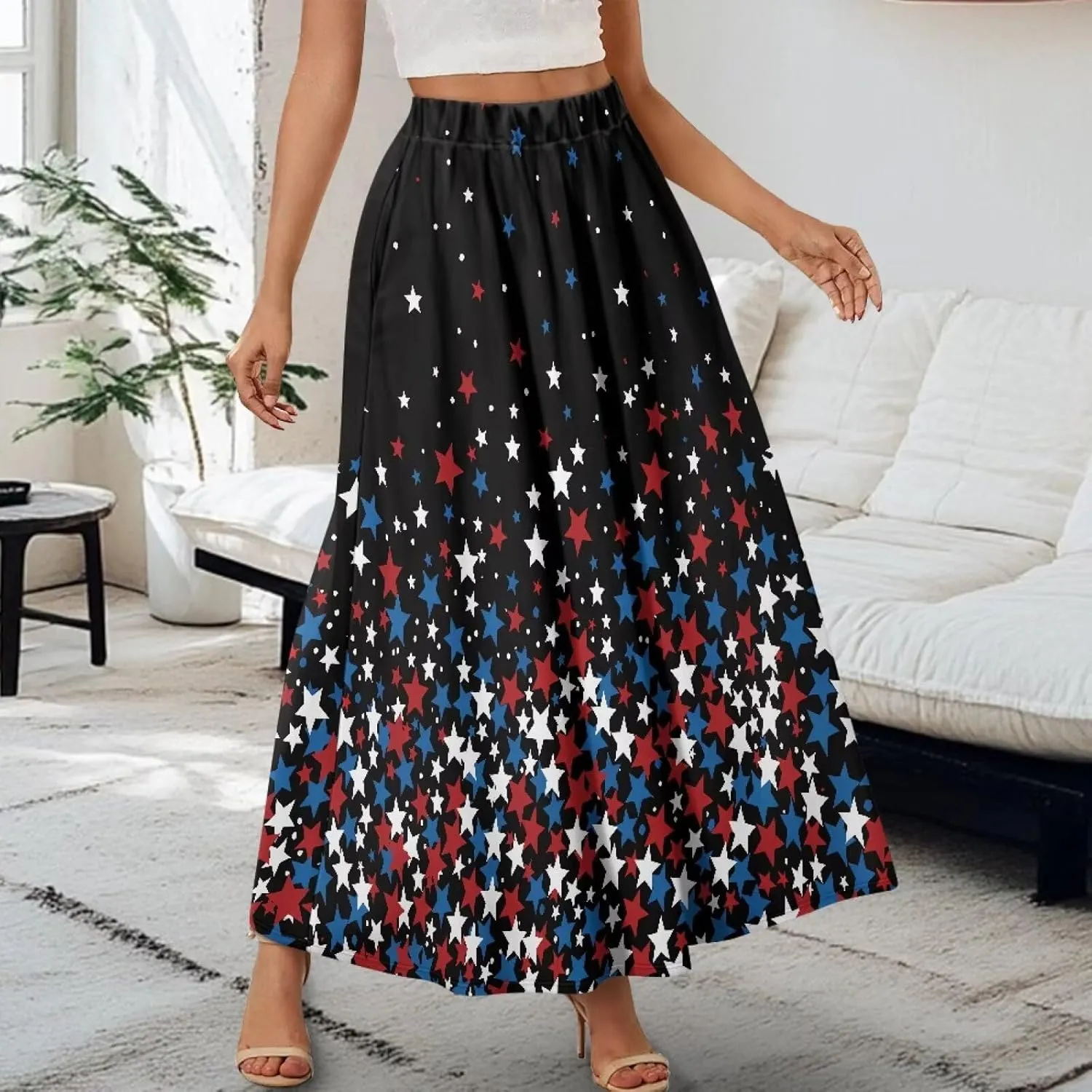 Women's Maxi High Waist Pleated Skirt Casual Long Skirts Ankle Length Flowy Swing Party Skirt with Pockets