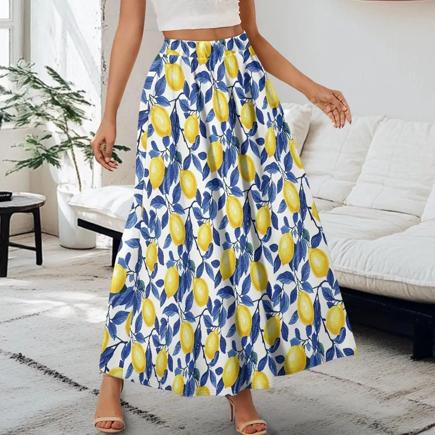 Women's Maxi High Waist Pleated Skirt Casual Long Skirts Ankle Length Flowy Swing Party Skirt with Pockets