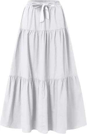 Womens Maxi Skirt Daily Casual Elegant Solid Color Flowy Swing Long A Skirt Vintage Elastic Waist Skirts