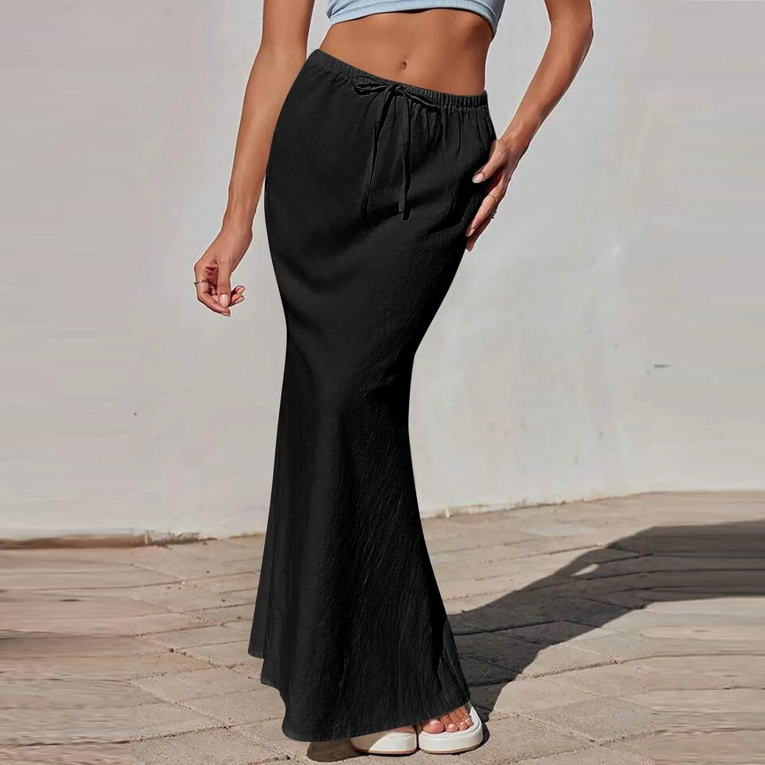 Womens Maxi Skirts Long Cotton Linen Summer Boho Skirts Drawstring High Waisted Aline Skirt with Slit (S-2Xl)