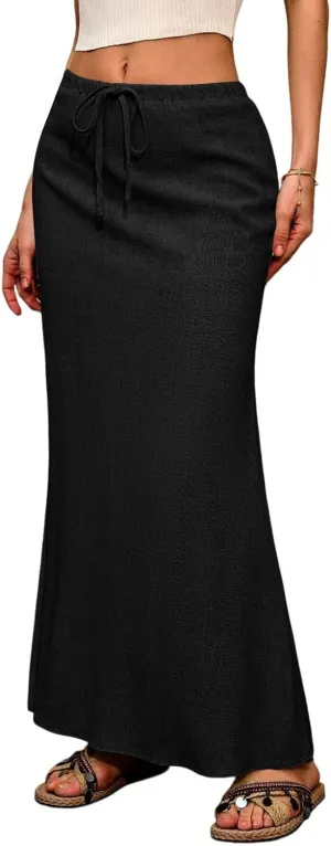 Womens Maxi Skirts Long Cotton Linen Summer Boho Skirts Drawstring High Waisted Aline Skirt with Slit (S-2Xl)