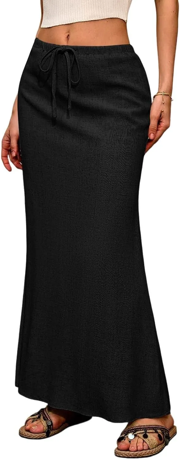 Womens Maxi Skirts Long Cotton Linen Summer Boho Skirts Drawstring High Waisted Aline Skirt with Slit (S-2Xl)