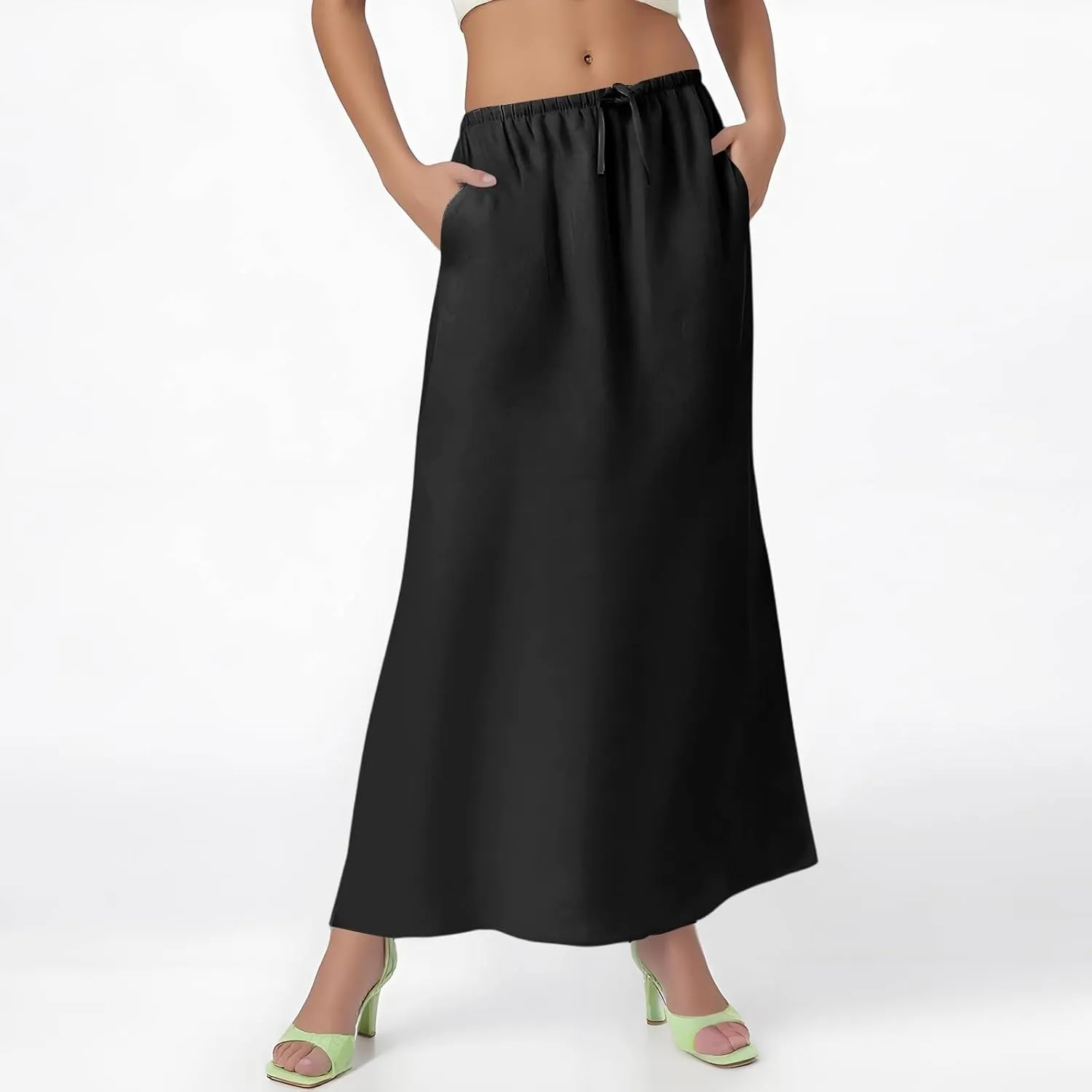 Womens Maxi Skirts Long Cotton Linen Summer Boho Skirts Drawstring High Waisted Aline Skirt with Slit (S-2Xl)