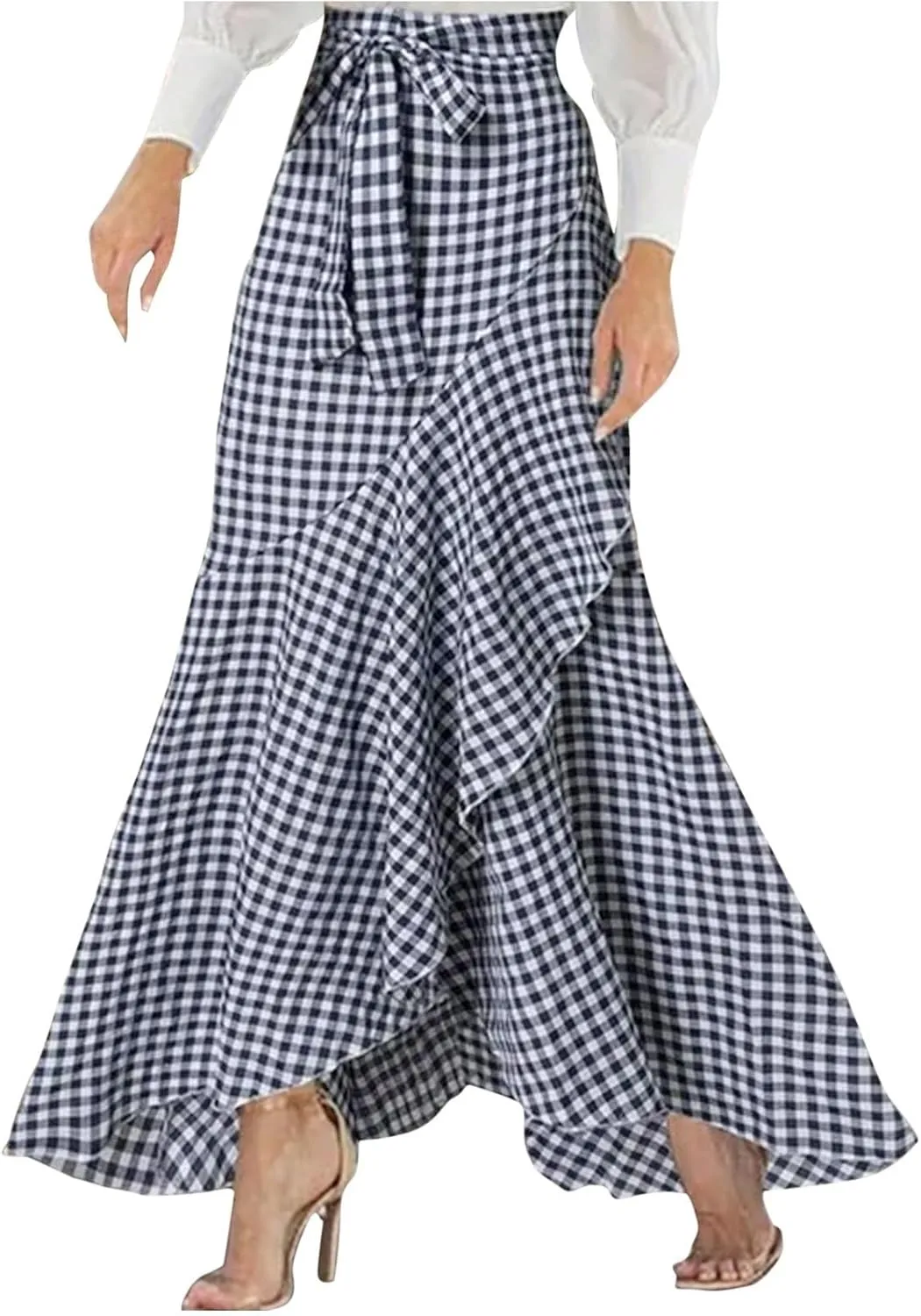 Women's Mermaid Maxi Skirt Summer Fashion Tie Waist Irregular Ruffle Hem Beach Skirts Casual Wrap Party Long Skorts
