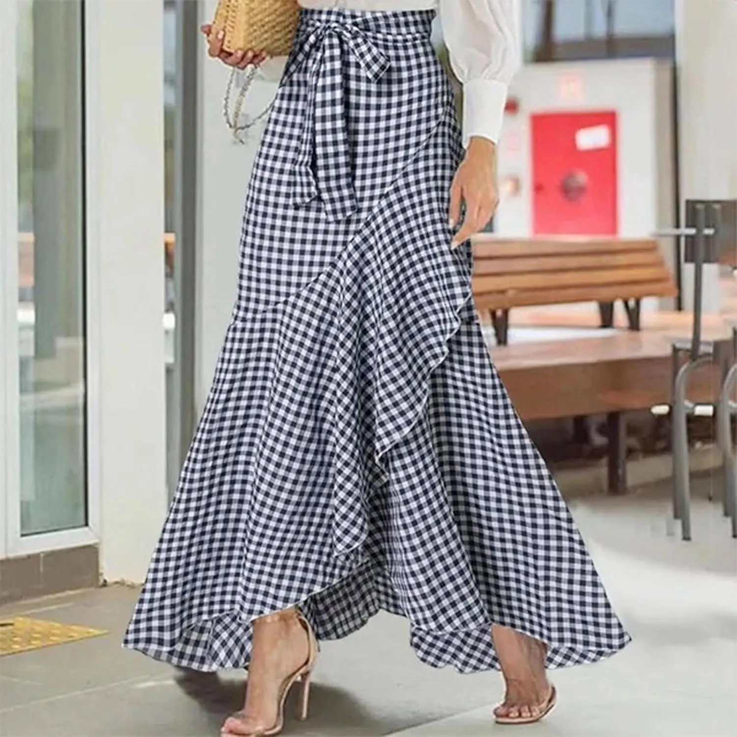Women's Mermaid Maxi Skirt Summer Fashion Tie Waist Irregular Ruffle Hem Beach Skirts Casual Wrap Party Long Skorts